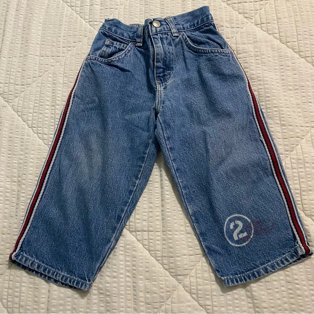 Vintage OshKosh Denim Jeans with Red White & Blue Stripe on Leg Seams size: 2T